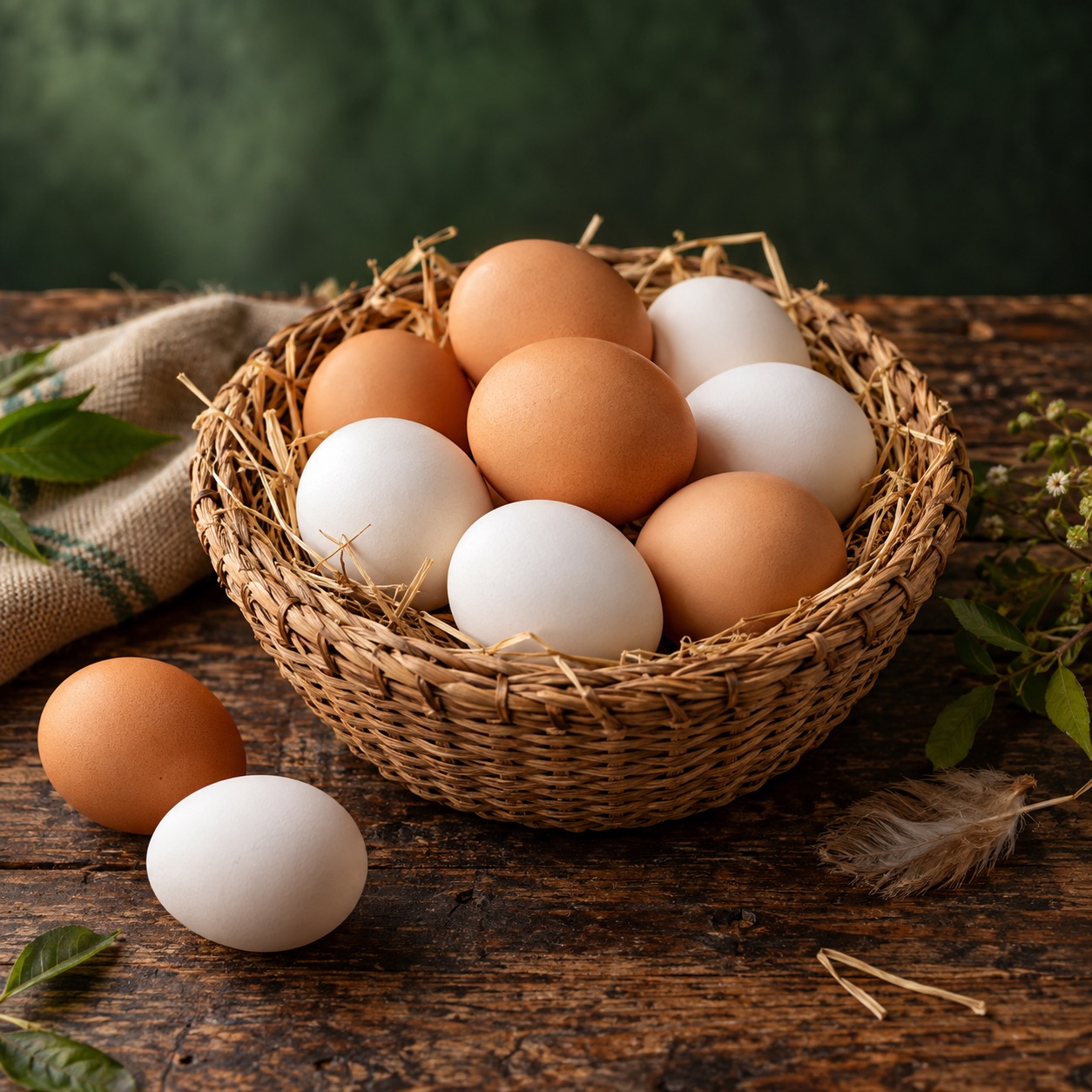 Brown and white eggs in a basket