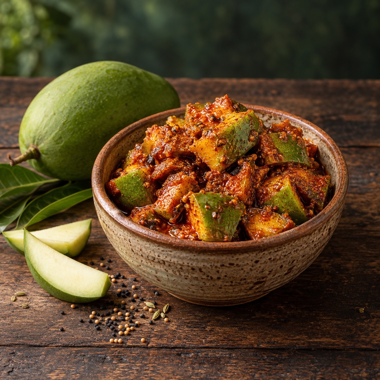 Mango pickle with chunky mango pieces and spices