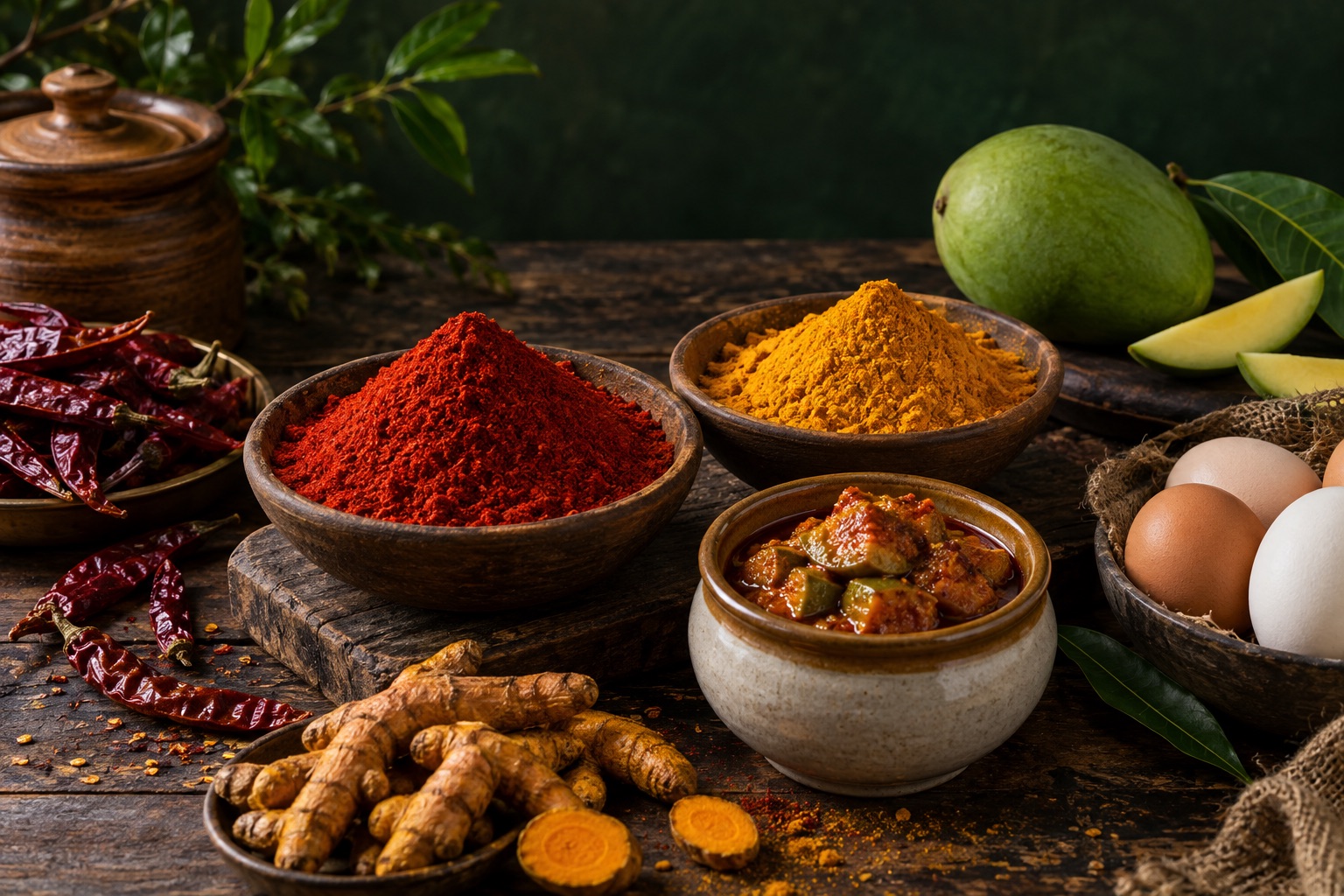 Red chilli powder, turmeric, mango pickle and eggs arranged on a rustic wooden table