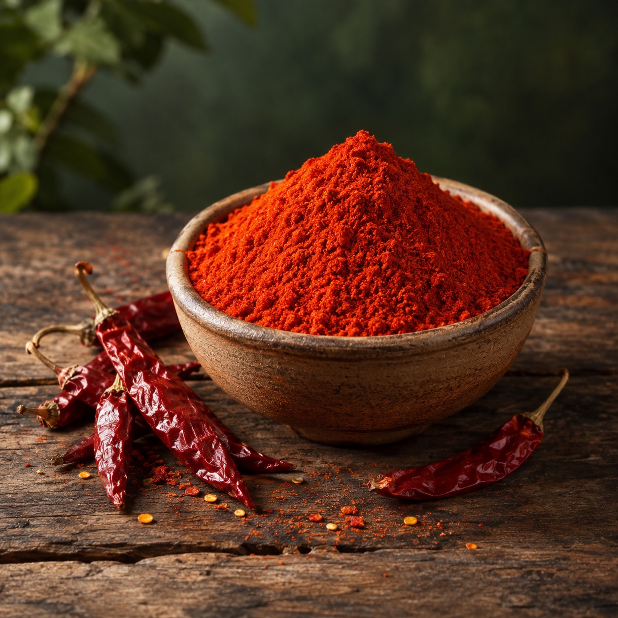 Red chilli powder in a bowl with dried red chillies