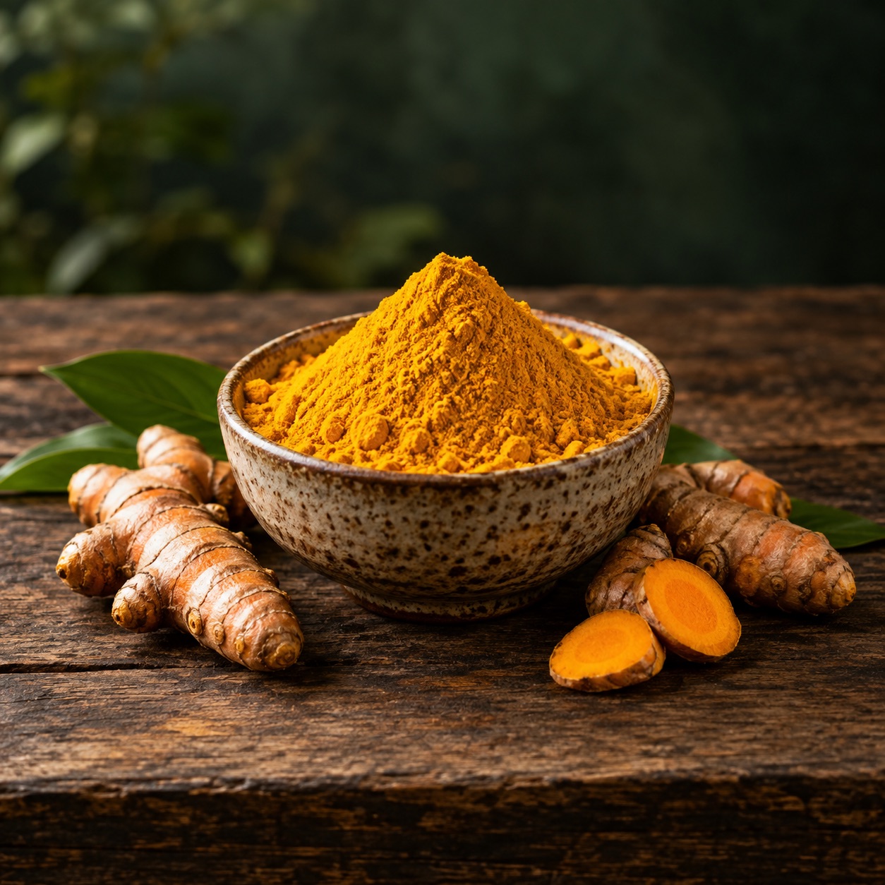 Golden turmeric powder with turmeric roots